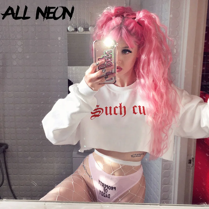 

ALLNeon Cropped Sweatshirts for Women O-neck Letter Print Long Sleeve Loosed Tops Fashion Spring Winter Tops Hip Hop E girl Tops