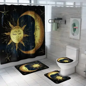 

1/3/4pcs Bathroom Sun Moon Printing Shower Curtain Toilet Cover Mat Non-Slip Bathroom Rug Set