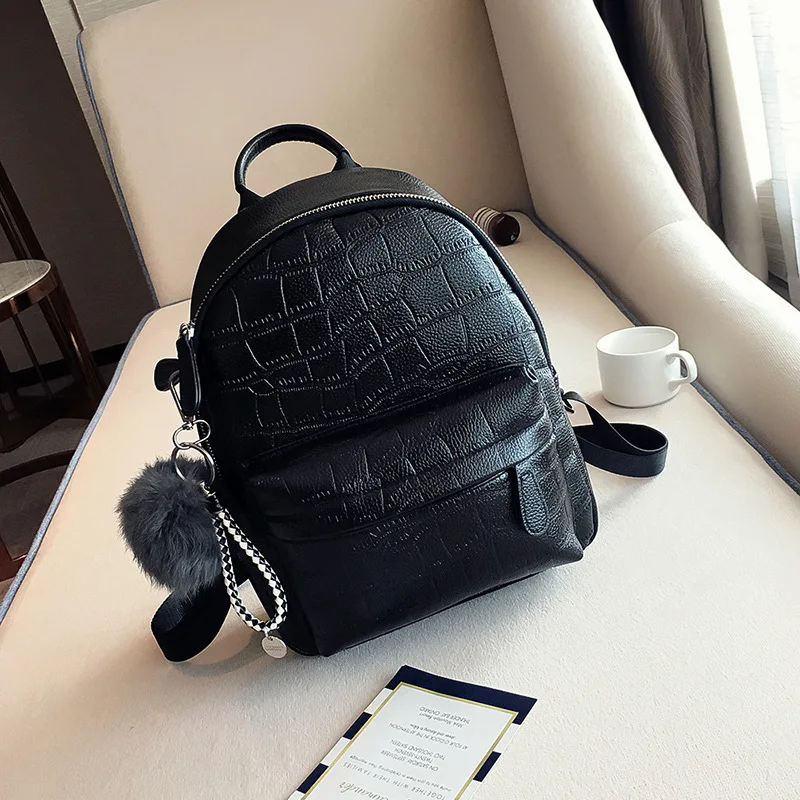 Рюкзак из искусственной кожи с помпоном для волос, женские рюкзаки Mochila для путешествий, школьные сумки для девочек, мини-рюкзак bolsas femininas - Цвет: Black L