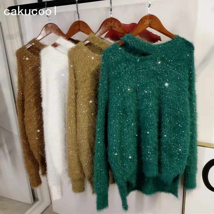 Женский ажурный свитер с люрексом Cakucool блестящий свободный джемпер воротником