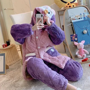 

Women 2PCS Pajamas Suit Sleepwear Coral Fleece Robe Thicken Nightgown Cute Cartoon Nightwear Loose Flannel Shirt&Pants Homewear