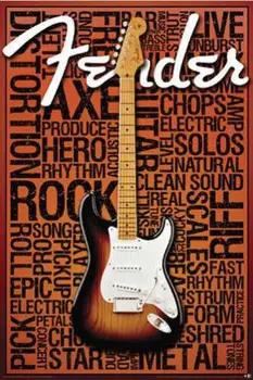 

FENDER MUSIC WORDS COLLAGE STRAT GUITAR SILK POSTER Decorative Wall painting 24x36inch