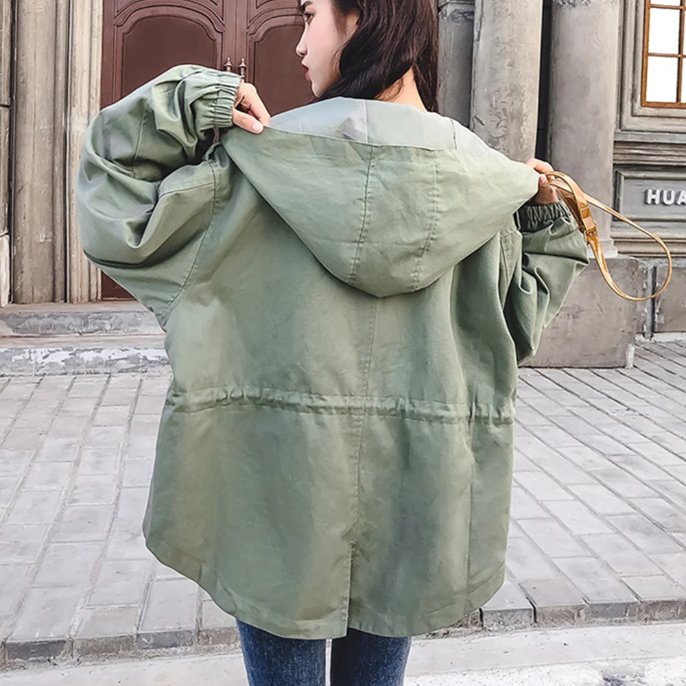 Зеленый Тренч для женщин с капюшоном свободные черные пальто осень Femme Тренч Повседневная Женская ветровка Свободная модная женская одежда
