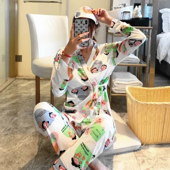 

XIZOUapanese Traditional Style Woman Pajamas Sleepwear Print Cottom Kimono Yukata Lover Home Bathrobe Nightgown Leisure Wear 5.0