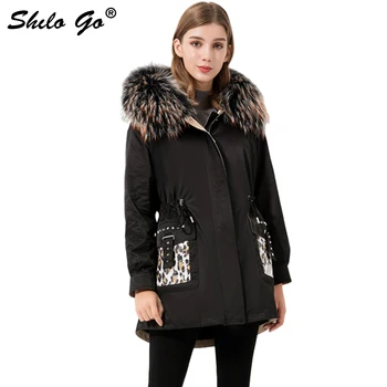 

Fur Parkas Highstreet Leopard Panel Pocket Detail Real Fur Collar Hooded Coat Women Winter Casual Fur Lining Plus Solid Outwear