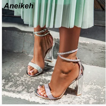 

Aneikeh Women High Heels Sandals Summer Square Heels Crystal Heeled Platform Shoes Ladies Sexy Party Wedding Buckle Strap Shoes