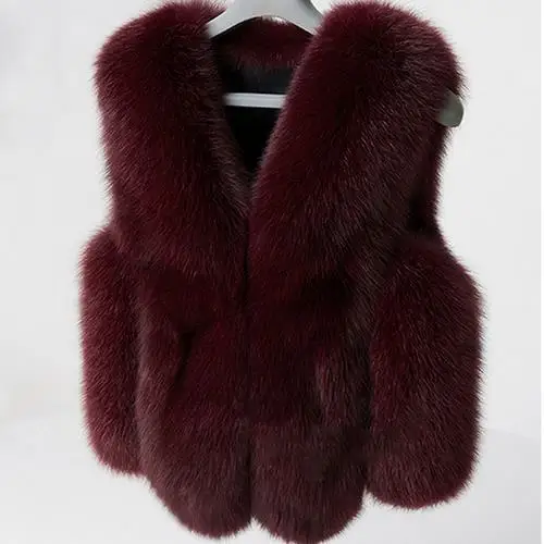 Сексуальный женский короткий жилет из искусственного меха, 6XL, элегантные женские зимние теплые парки, куртка, свободные утепленные жилеты из лисьего меха, WR627 - Цвет: wine red