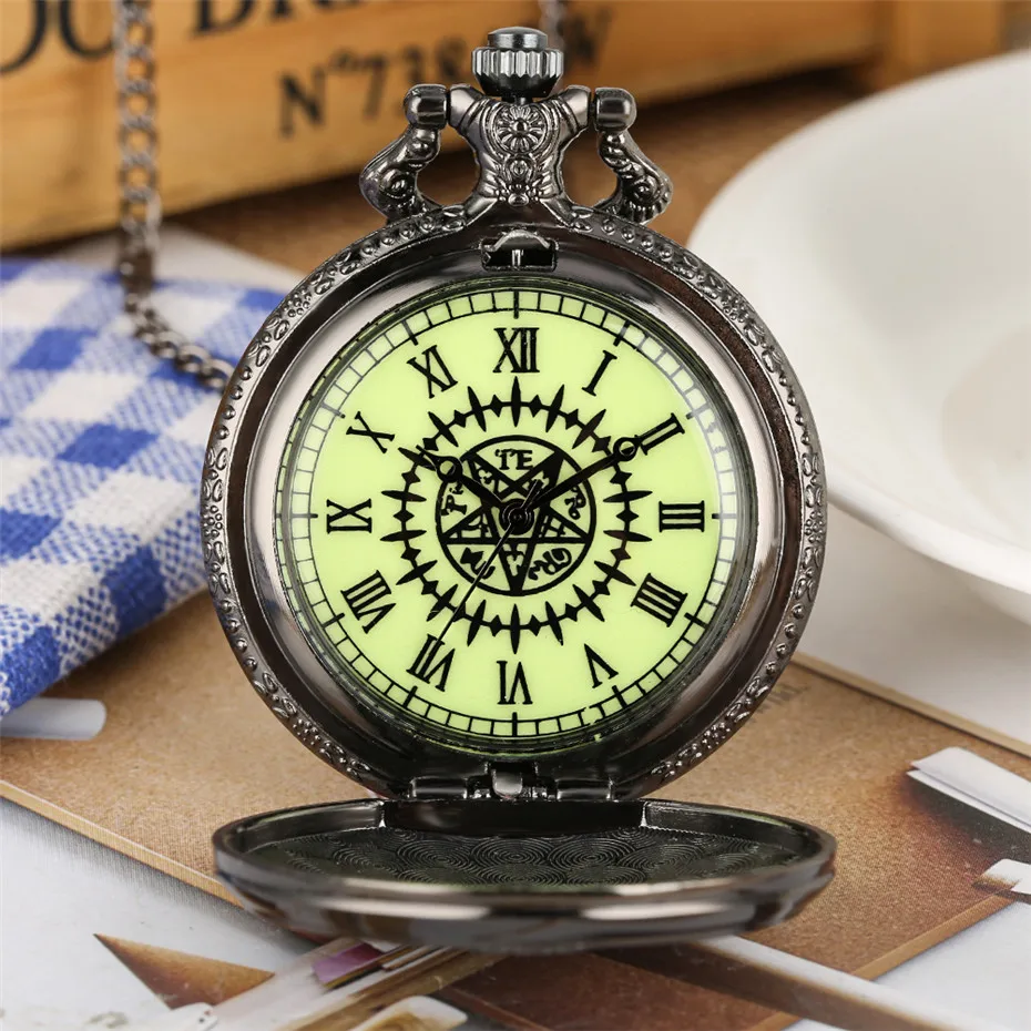 Black Luminous dial Новинка, популярные часы Kuroshitsuji с куросицудзи, Черный Дворецкий Себастиан, кварцевые карманные часы с подвеской и цепочкой, подарок для мальчиков - Цвет: Black Luminous dial