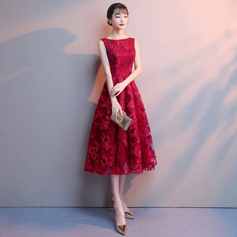 Современный кружевное вечернее платье Cheongsam Китай элегантные тонкие вечерние платья Qi Pao Для женщин в традиционном китайском стиле Костюмы асимметричные платья - Цвет: wind red medium