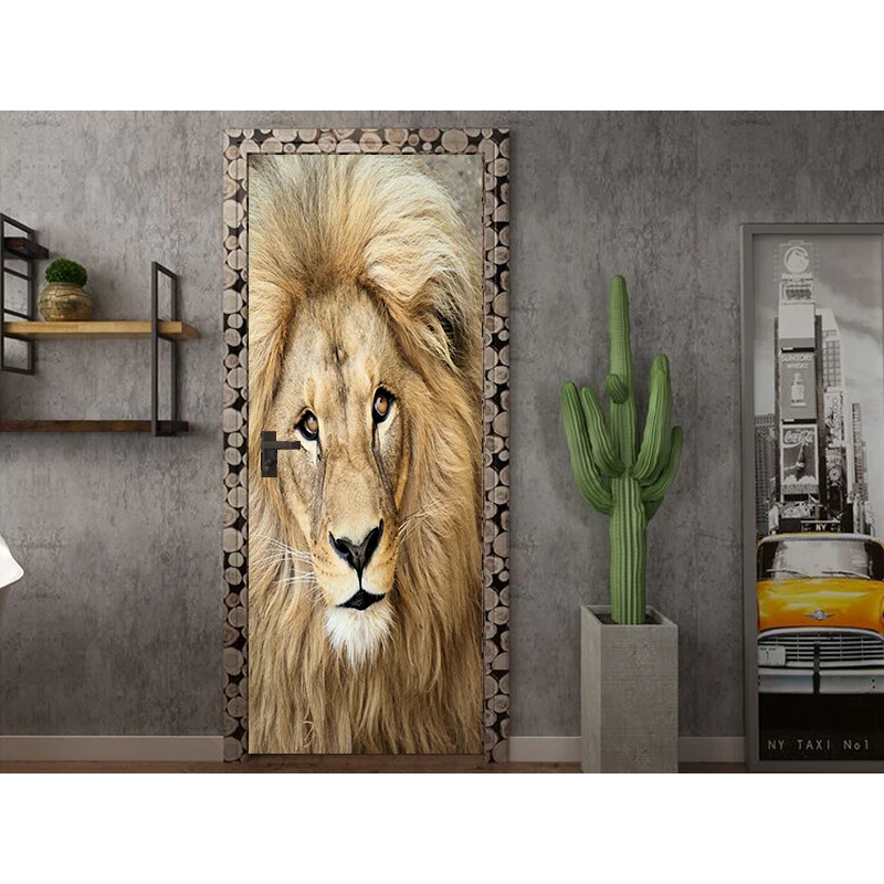 Animal Lion Poster 3D Prints Waterproof Entire Door Sticker Creative Stickers Door Wall Sticker DIY Mural Bedroom Home Decor