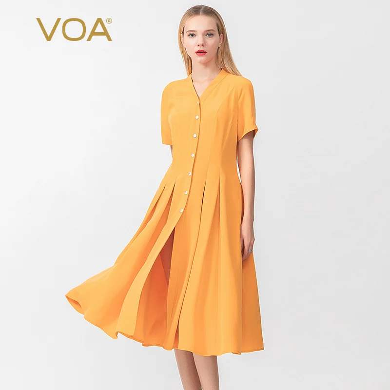 VOA40m/m zware zijden jurk vrouw orange wit twee-kleur schouder korte mouw stijl geplooide kleding A10716 VOA40m/m zware zijden jurk vrouw orange wit twee-kleur schouder korte mouw stijl geplooide kleding A10716