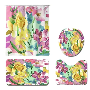 

4pcs Non Slip With Hooks Pedestal Rug Floral Waterproof Colorful Floor Bath Mats Washable Lid Toilet Cover Shower Curtain Set