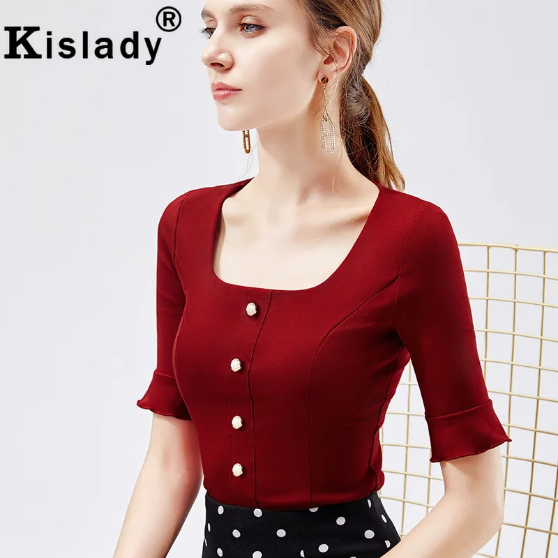 Kislady, осень, женские темпераментные футболки с расклешенными рукавами, квадратный воротник, на пуговицах, тонкие женские топы, Harajuku, Корейская одежда