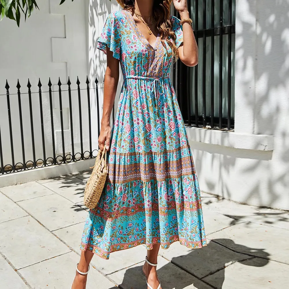BDTECAOR Dames vintage etnische stijl bloemenpatroon Bohemian tuniek jurk V-hals 3/4 mouw strandjurken zomerjurk, goud, M