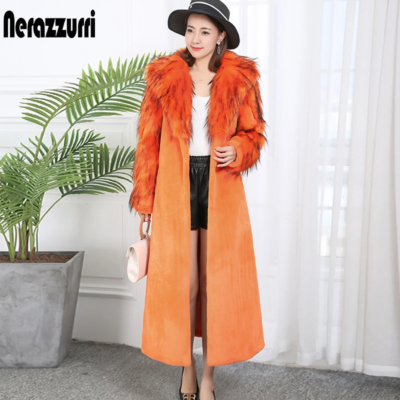 Nerazzurri/зимнее пальто из искусственного меха для женщин с вырезами, с рукавом реглан, черная удлиненная пушистая верхняя одежда с искусственным мехом, шубка Из искусственного меха шуба из искусственного меха - Цвет: Orange Tiger