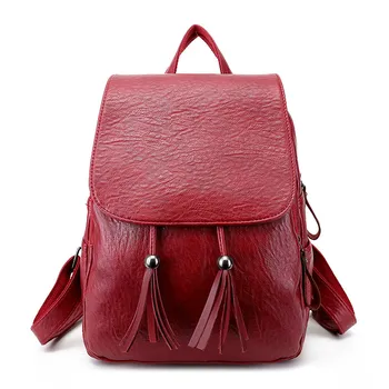 

ZZSLHL New Women Fashion Tassel Backpack School Bags For Teenage Girls Women's Pu Leather Backpack Casual Travel Bags Red