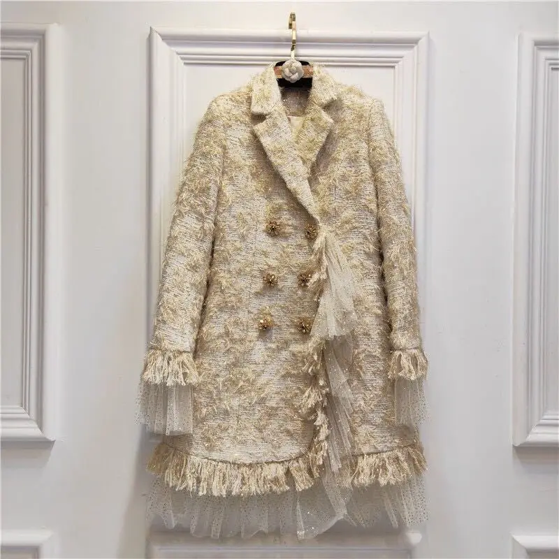 

Autumn And Winter New Style Elegant Debutante Wind Liangsi in Tweed of Double Breasted Flower Diamond Buckle Tassels Joint Gauze