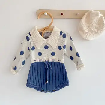 

2020 0-3Y Baby Autumn Clothing Infant Newborn Baby Girls Knitted Bodysuit Dot Print Long Sleeve Splice Jumpsuit Outfits
