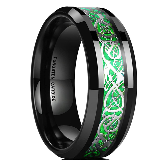 Gold Color Tungsten Wedding Band for Men Dragon Ring Green Blue Carbon Fiber Inlay Polish Finish Beveled Edges Comfort Fit