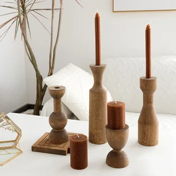 

Home Decoration Accessories Desktop Decor Modern Old Fashioned Wood Candlestick Ornament Living Room Desktop Craft Candle Holder