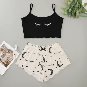 

Women’s Two Piece Camisole Shorts Set Eyelash Printed Exposed Navel Top Stars Moon Elastic Waist Shorts Casual Pajama Suit