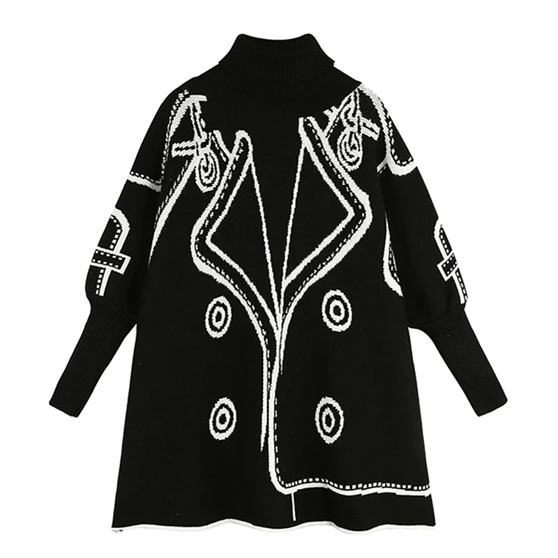 Black Pattern Oversized Turtleneck Pullover Sweater Women Autumn Winter 2025 Korean Fashion Batwing Sleeve Loose Knitted Sweater