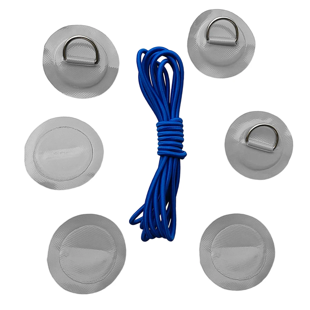 6Pcs Inflatable Boat Kayak SUP D-ring Patch & Elastic Shock Cord Set- 6 Colors Dinghy D Ring Round Patch