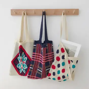 

Women knitting Tote Ladies Casual Shoulder Bag Foldable Reusable Shopping Bags Beach Bag Female Cotton Cloth bag