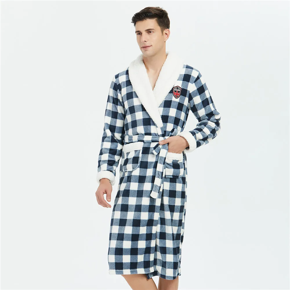 Novelty Plaid Men Flannel Sleepwear Comfortable Keep Warm Homewear Bathrobe Gown Winter Casual Soft Nightwear Intimate Lingerie