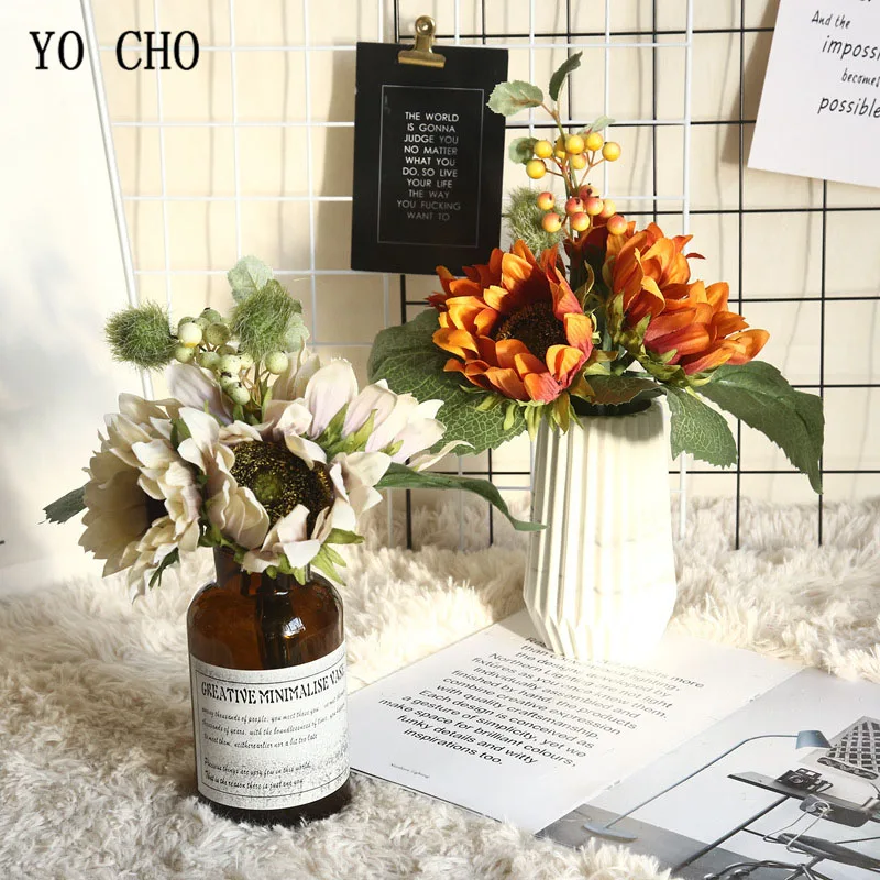 YO CHO 5 головок искусственный цветок для свадьбы Подсолнух Искусственные цветы Букет подсолнухов Рождество для домашнего свадебного украшения цветок