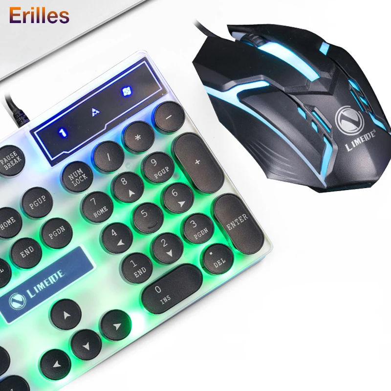 

Gaming Wired Keyboard with Mouse Retro Round Glowing Keycap Backlit USB Keyboard Mechanical Gamer Mouse PC Computer Accessories