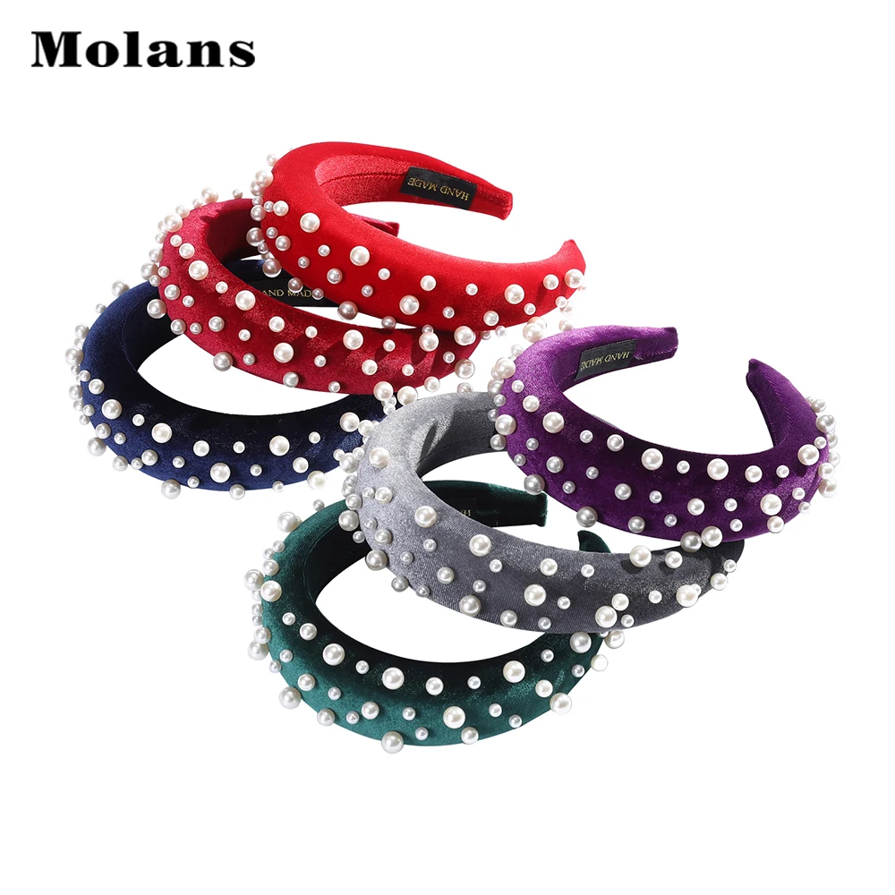 

Molans Sponge Padded Pearls Headband Foe Girl Irregular Large And Small Beads Fascinator Hair Hoop Solid Women Hair Accessories