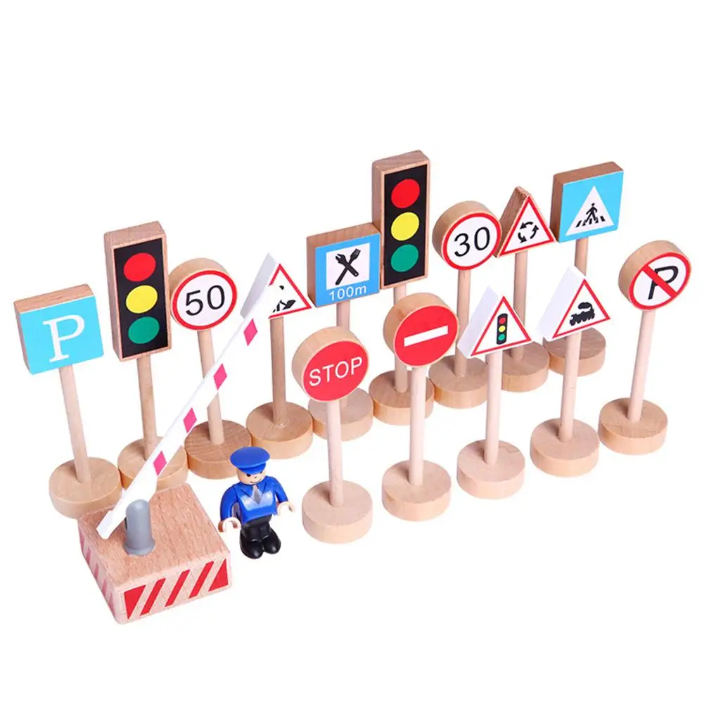 

16Pcs Wooden Street Road Traffic Signs Model Block Educational Kids Toy DIY Mini Signpost Traffic Scene Educational Toys