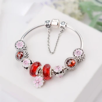 

NEW NEW 100% 925 Sterling Silver Bracelet Set For Europe Women Spring Pink Flowers DIY Gift Original Red Charm Bead Jewelry