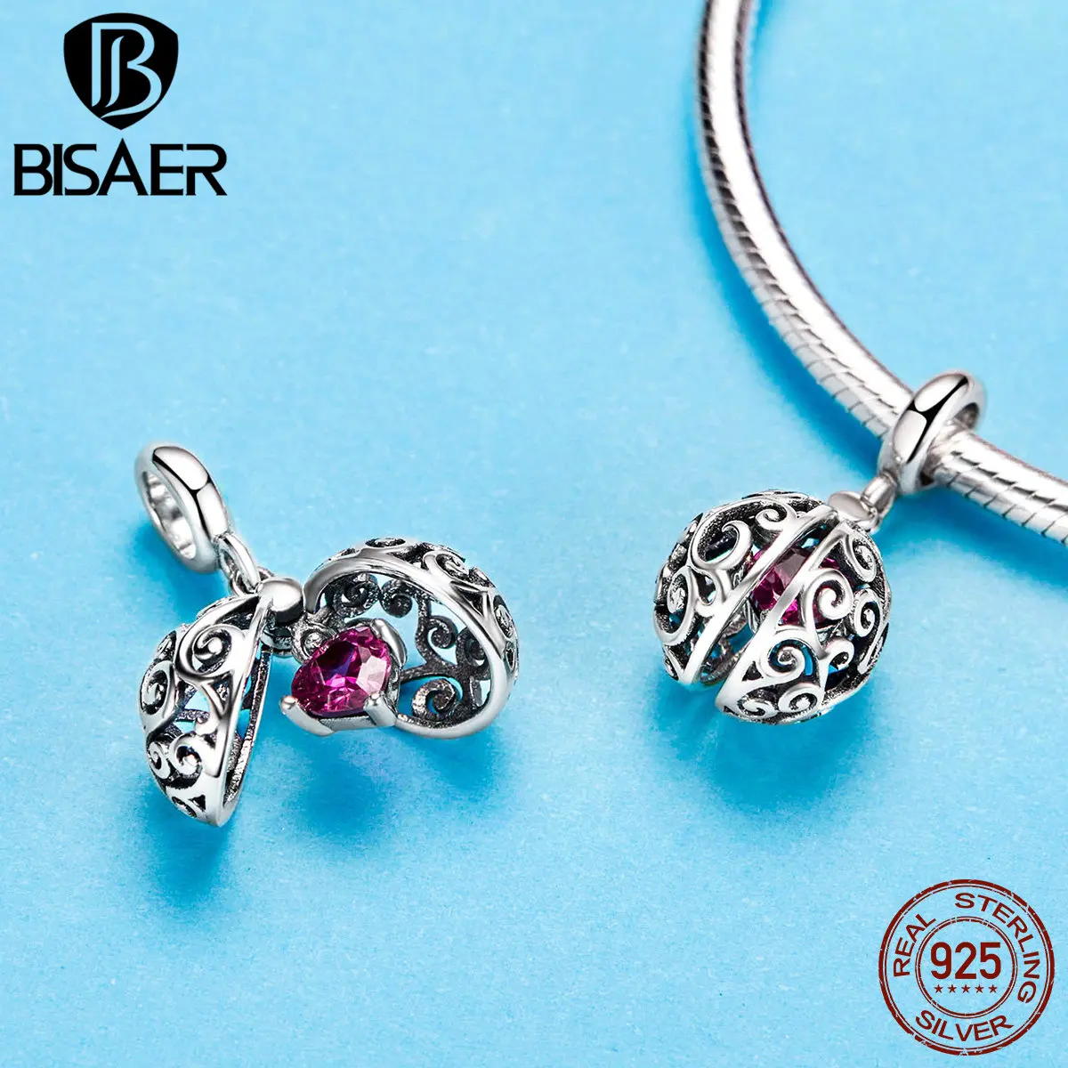 BISAER, 925 пробы, серебряное, красное сердце, CZ, любовь, коробка, подвеска, талисманы, подходит для оригинала 925, для женщин, 3 мм, браслет, бижутерия GXC1114
