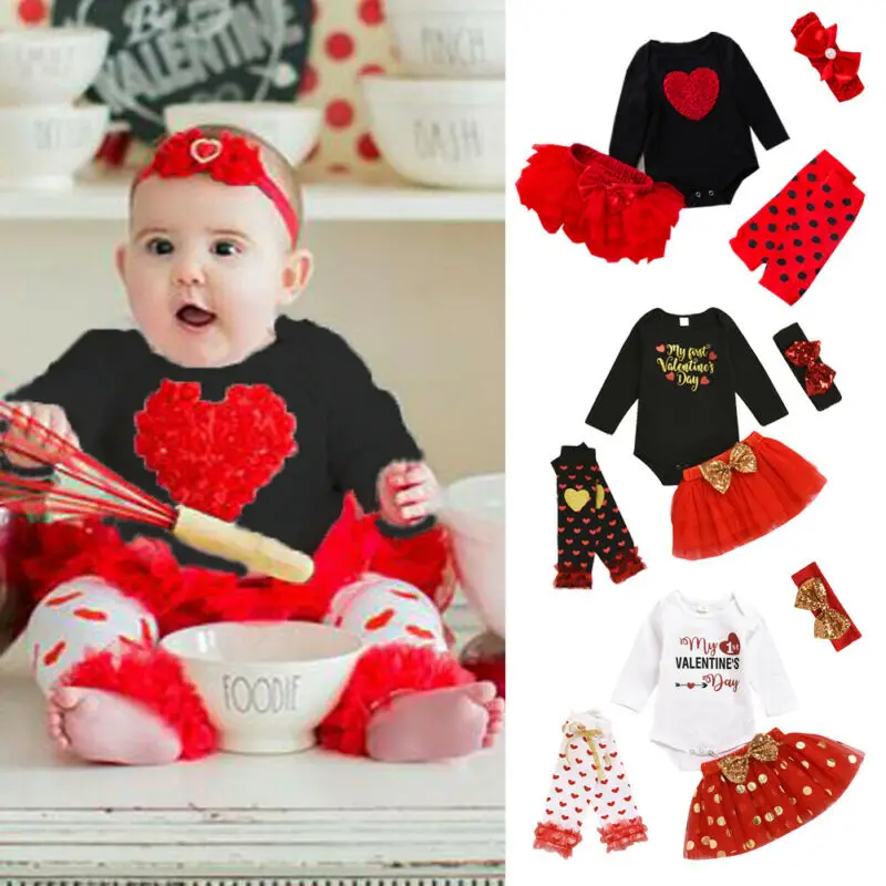 

PUDCOCO My 1st Valentine Day Baby Toddler Girl Long Sleeve Romper+Party Tutu Skirt 4Pcs Outfit Clothes