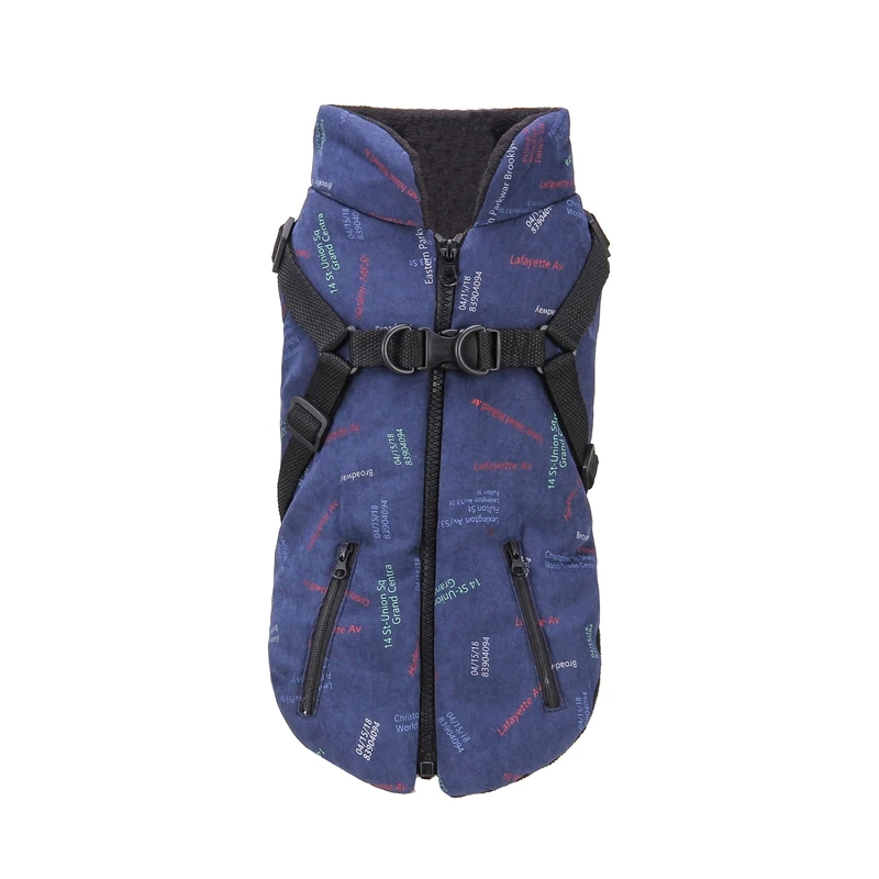 Blue 2 In 1 Winter Pet Dog Warm Clothes With Harness Puppy Thicken Cotton Printed Coat Zipper Type Jacket For Small Medium Dogs - Цвет: Blue