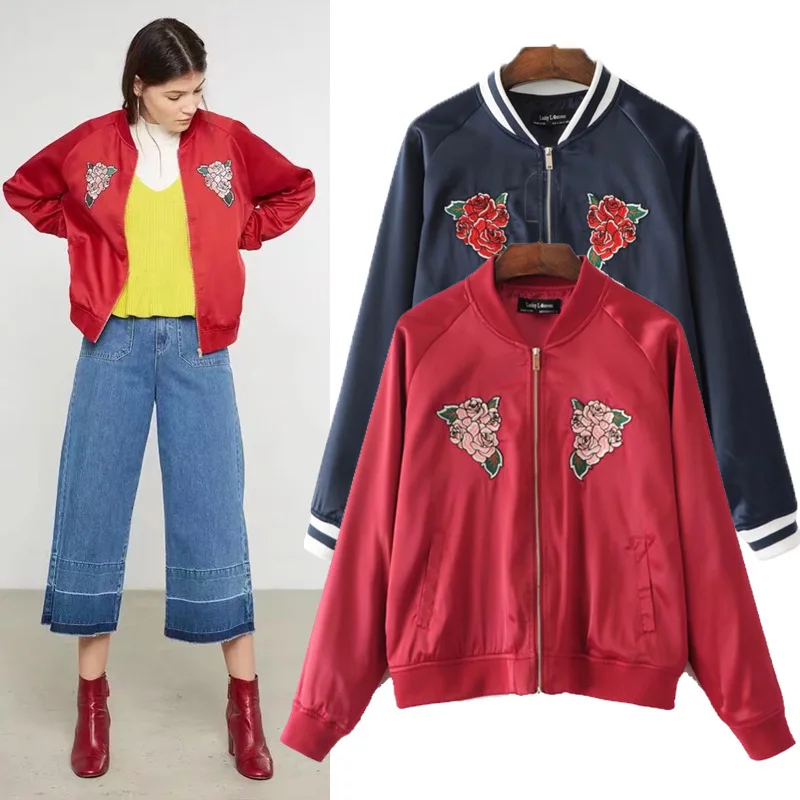 

2017 Autumn New Style Western Style Fashion Stand Collar Zipper Flower Embroidered Jacket Long Sleeve Baseball Uniform Coat S014
