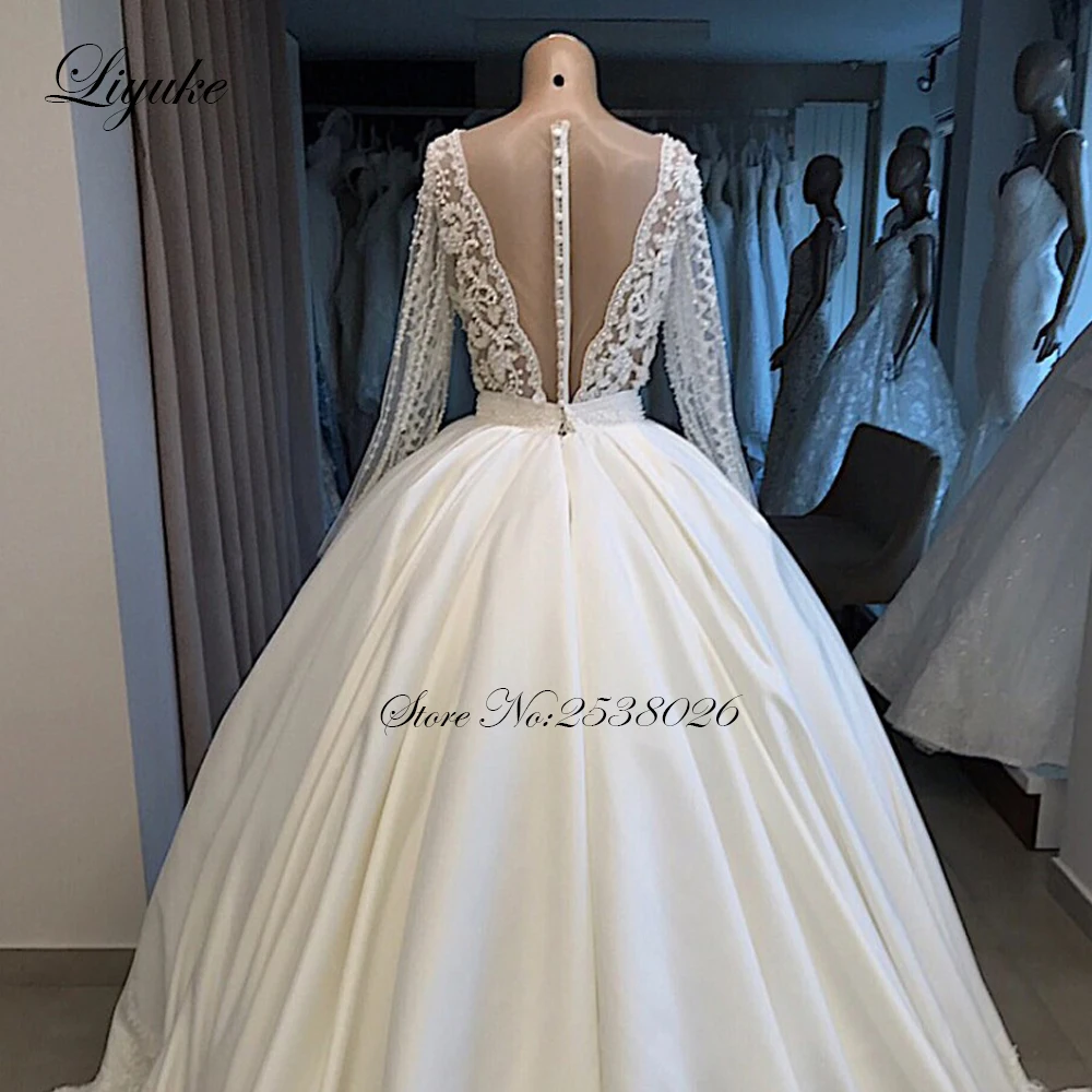 Liyuke Real Photos A Line Wedding Dress Ivory Satin Skirt Full Sleeve  Bling Bling Plearls Bridal Dress 2