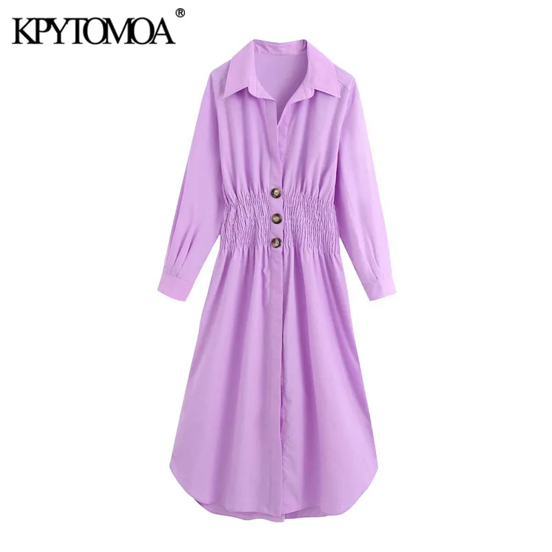 KPYTOMOA Women 2020 Chic Fashion With Elastic Waist Button-up Midi Shirt Dress Vintage Three Quarter Sleeve Female Dresses Mujer KPYTOMOA Women 2020 Chic Fashion With Elastic Waist Button-up Midi Shirt Dress Vintage Three Quarter Sleeve Female Dresses Mujer