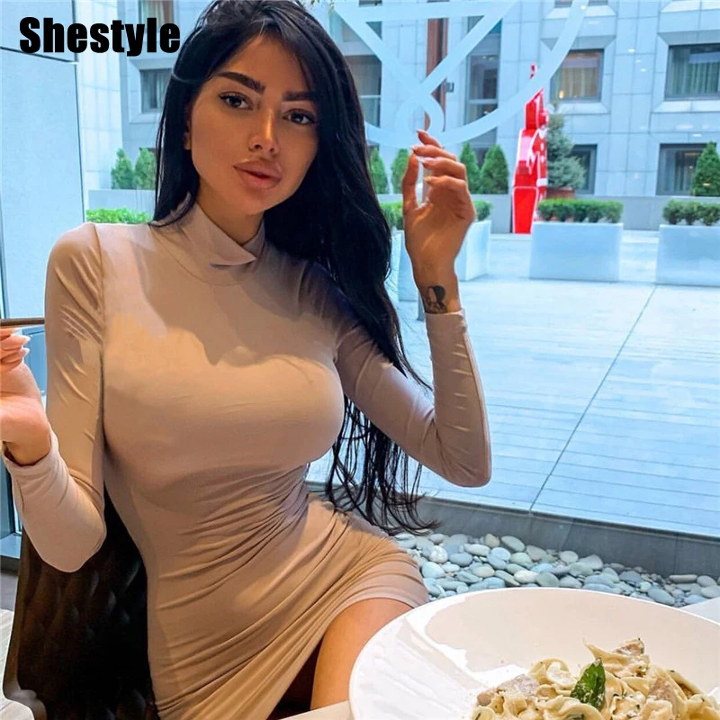 

Shestyle Plus Size Solid Sexy Elegant Basic Dress Women Plus Size 4 Color High Neck Fashion Sheath Short Club Dresses Hot Sale