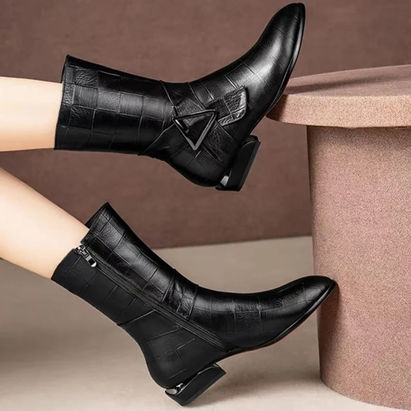 winter warm plush inside woman shoes Comfort Soft female mid-calf boots large Size 35-43 Belt Buckle Pointed Toe Bottes femmes