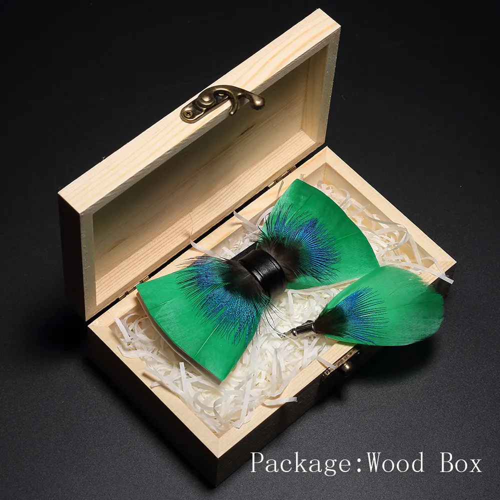 GUSLESON дизайн натуральный перо галстук-бабочка изысканный ручной работы Мужская брошь-бант булавка деревянная Подарочная коробка набор для свадьбы - Цвет: W08