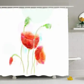 

Shower Curtain Set with Hooks 72x72 Abstract Nature Textural Spring Copy Brush Space Watercolor Poppies On Red White Textures