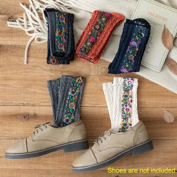 

5pairs Gift Mid-calf Length Soft Daily Wear Vintage Ethnic Spring Autumn Casual Women Socks Stripe Flower Sweat Absorbent Floral