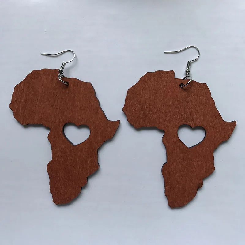 Black Queen Wood Africa Map hollow out Heart Earrings Vintage Party African Afro Jewelry Wooden DIY Club Gift - Image 2