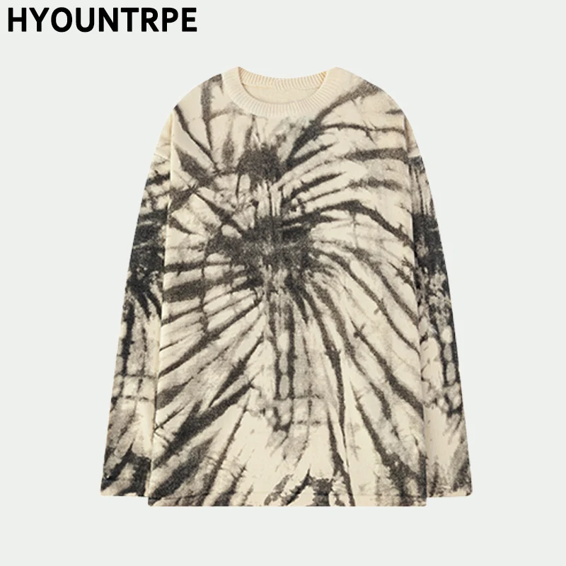 Бежевый Men Oversize Sweater Fashion Tie-dyed O-neck Knitted Hoodies Autumn Winter Warm Hip Hop New Loose Streetwear Pullovers Sweaters - Цвет: Бежевый