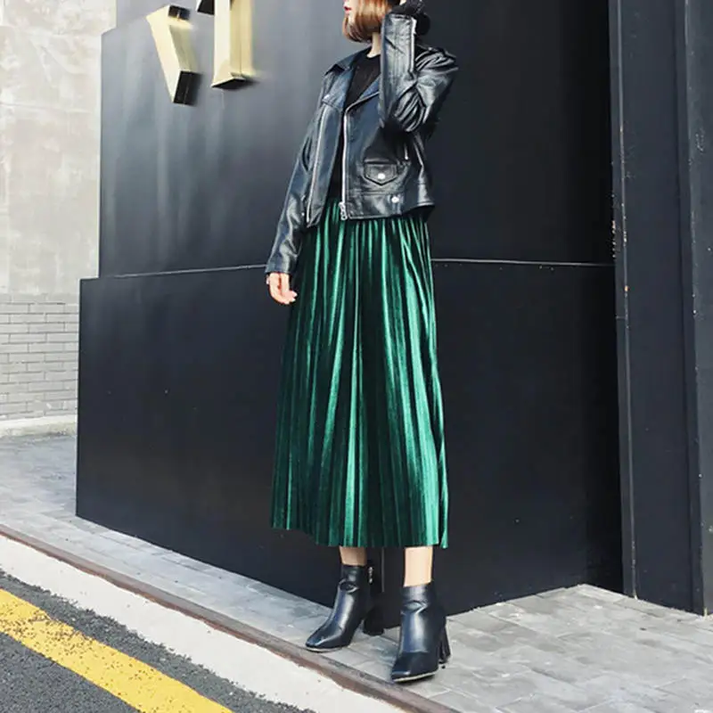 Винтажные юбки с высокой талией, Женская плиссированная юбка, металлическая Корейская стильная модная летняя юбка, повседневная юбка средней длины размера плюс XXXL - Цвет: Green