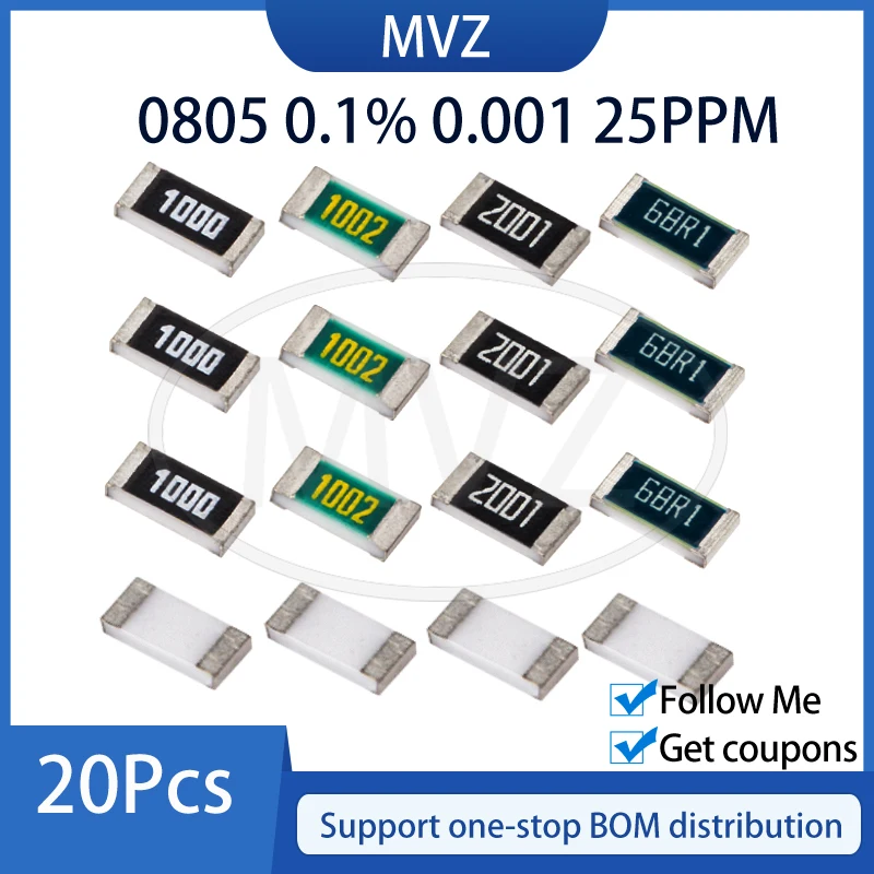 Resistors 0805 0.1% 0.001 High Precision 25PPM 1.1K 1.2K 1.3K 1.5K 1.6K 1.8K 2K 2.2K 2.4K 2.49K 2.7K 3K 3.3K 3.6K 3.9K Ohm smd resistor,metal film resistors,smd chip resistor