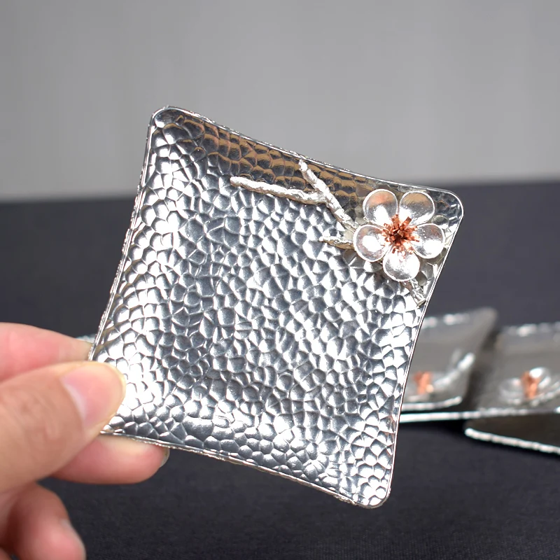 01-1pcs Ручная работа молоток шаблон чайная чашка коврик квадратный цветок сливы оловянный чайный поднос теплоизоляция противоскользящая база подставка чайный набор кунг-фу - Цвет: 01-1pcs